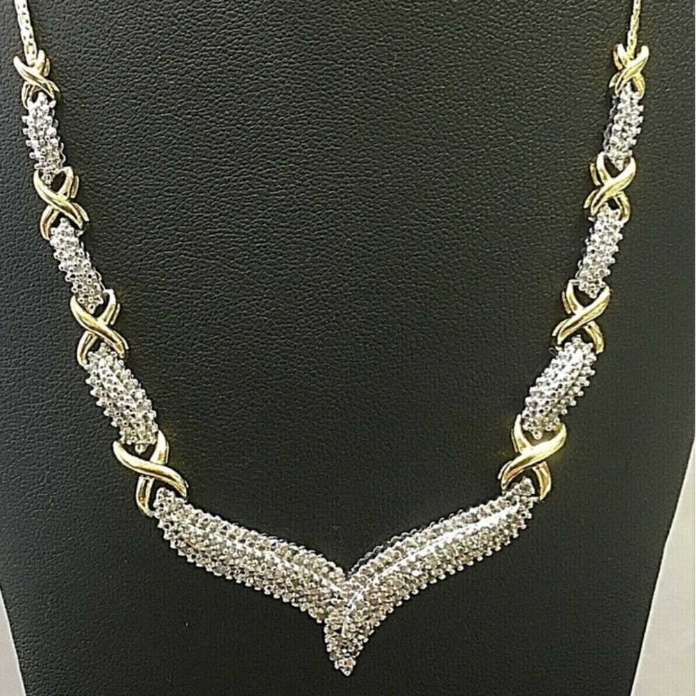 Diamond 14K Gold Over 925 Sterling Silver  V Chain Necklace.